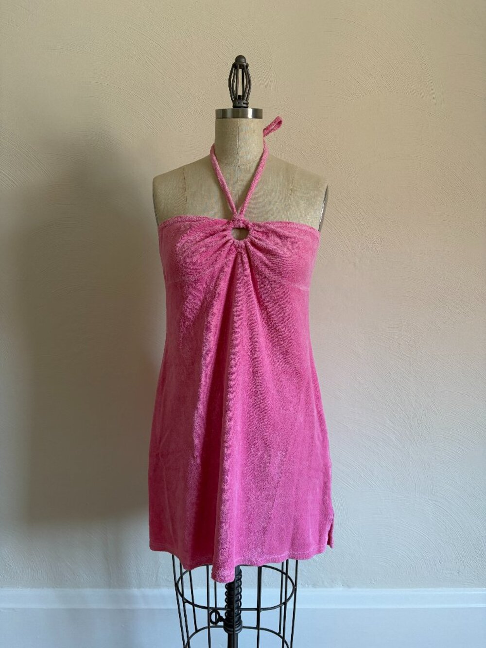 Vintage Juicy Couture Terry Cloth Halter Dress O-Ring Pink Y2K Made in USA L